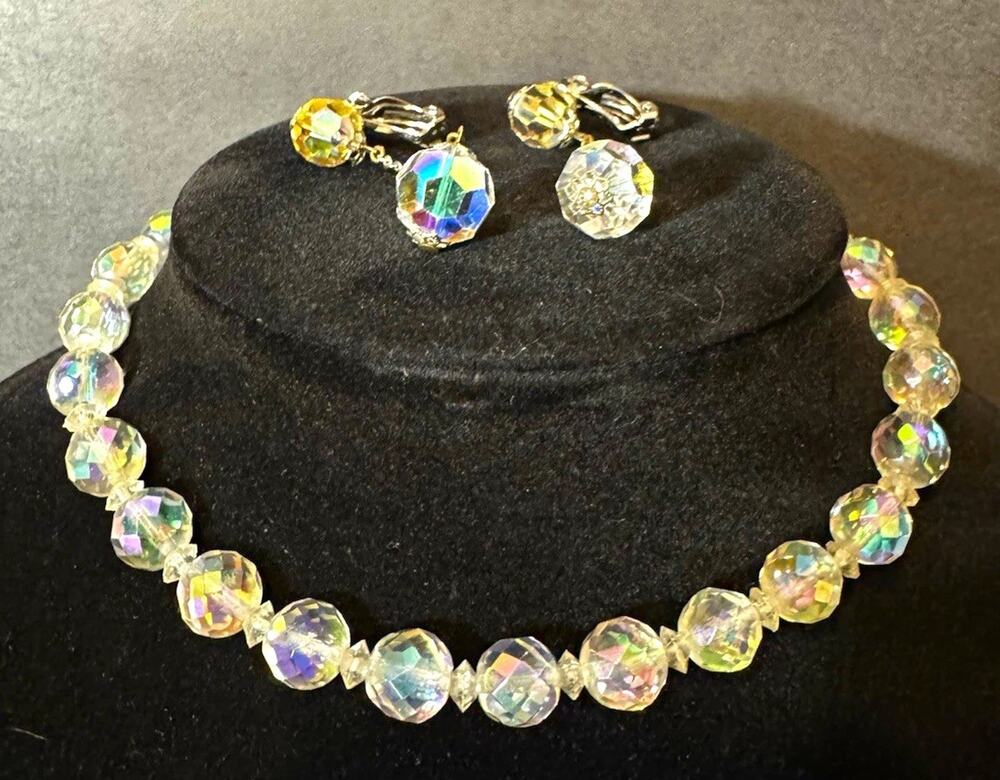 Vintage Lewis Segal California Aurora Borealis earrings and Crystal Necklace